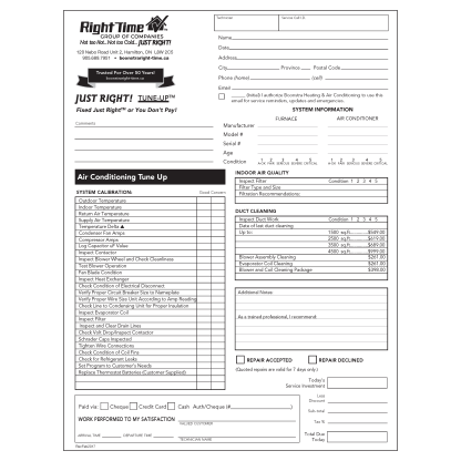 Air Conditioning Tune Up form