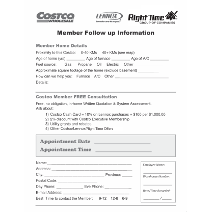 Costco Member Follow Up form