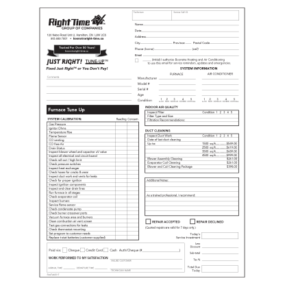 Furnace Tune Up form